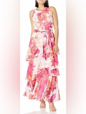 Tahari Pink & Coral Floral Halter Tiered Maxi Dress